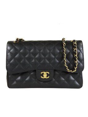 Chanel Classic Large Black Caviar Leather Double Flap Chain Shoulder Bag